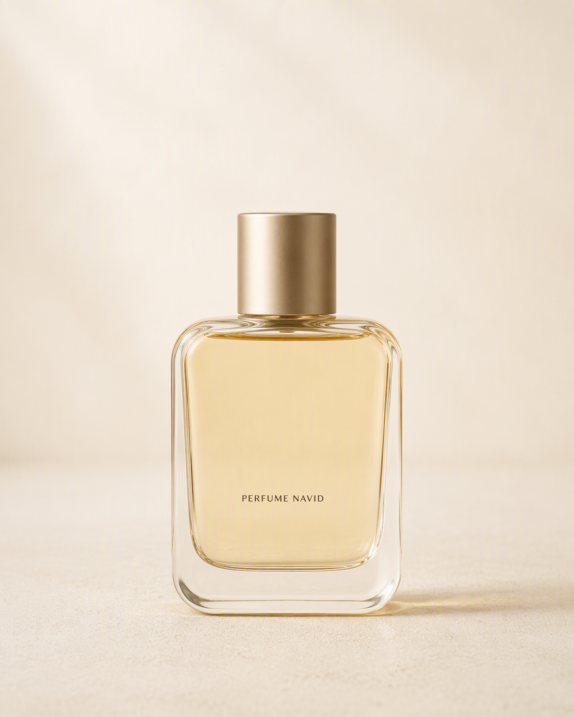 شیشه‌ای ساده از عطر با مایع کهربایی و نام PERFUME NAVID روی بطری